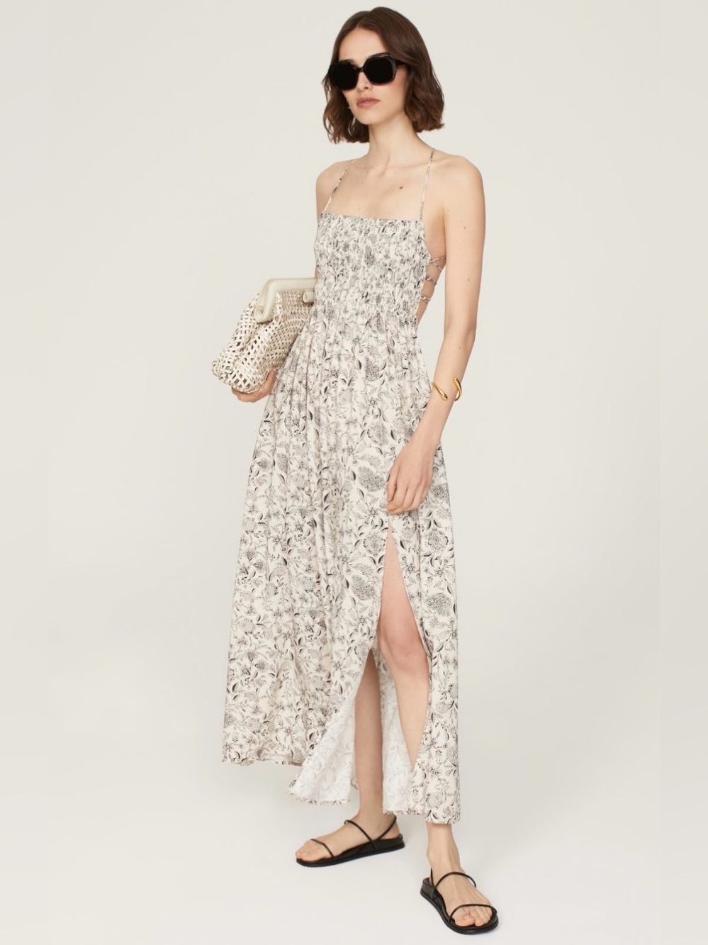 Astr the Label~Cream Botanical Smocked Maxi Dress with Side Slit~Size Small~$158